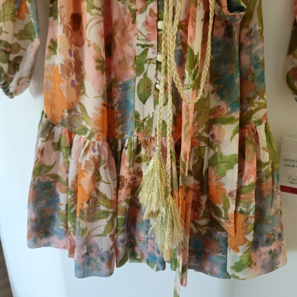 Taylor Pink and Orange Wrap Mini Dress with Bishop Sleeves - Picture 5 of 11